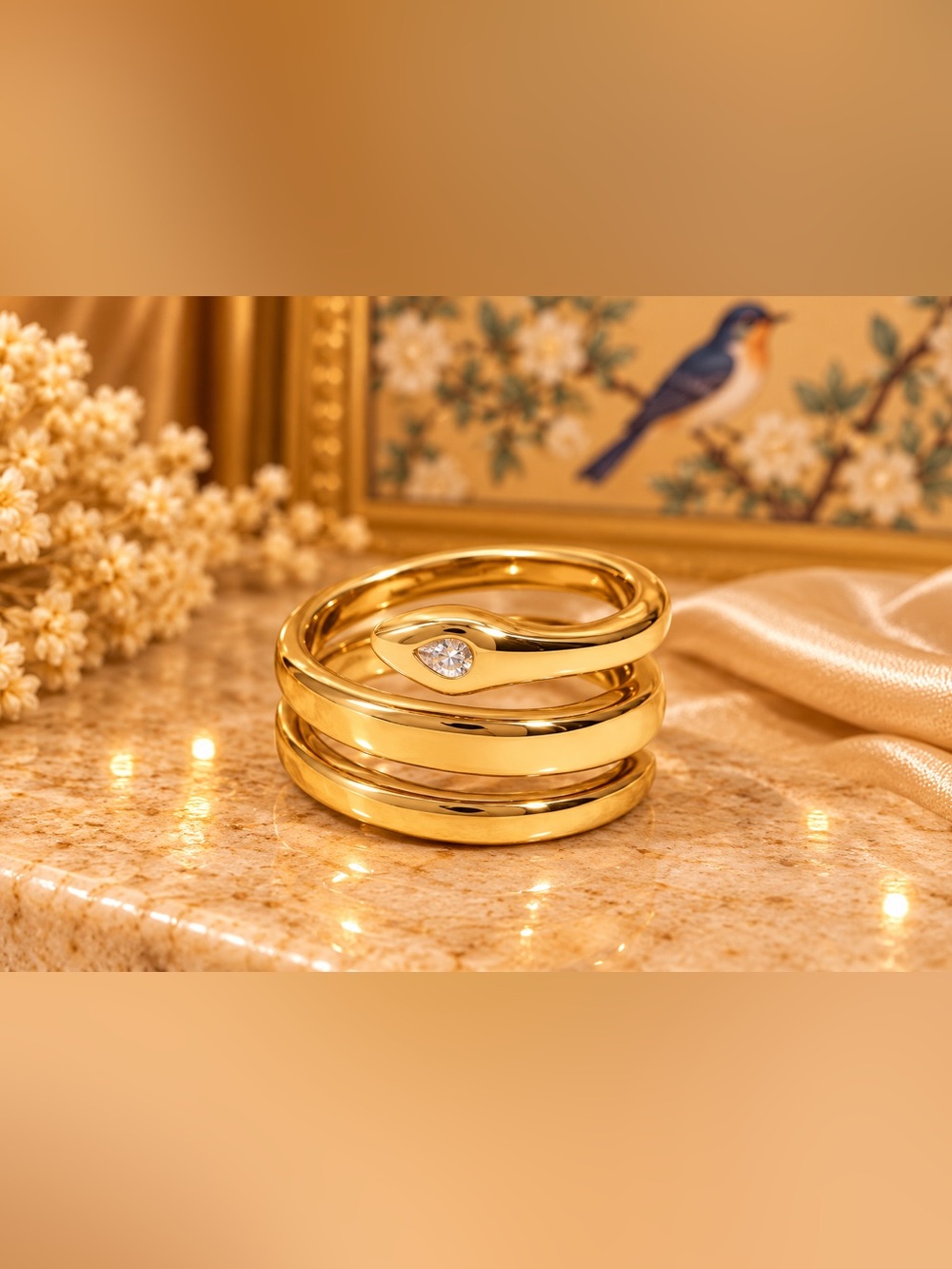 Gold Snake Wrap Ring Adjustable Statement Serpent Ring Clear Crystal Accent